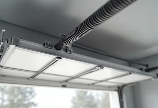 Close-up of a garage door torsion spring and metal track mechanism, with the door partially open and a blurred outdoor background—perfect for showcasing expert Wisconsin garage door repair services.