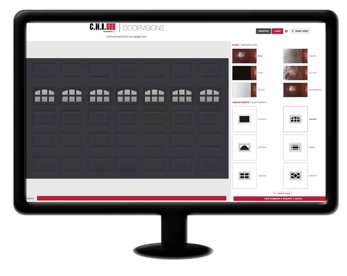 Custom Garage Door Design chi doorvisions A computer screen displays a garage door design tool with options for panel style, color, and window inserts—perfect for planning your next Wisconsin garage door installation or Illinois garage door repair.