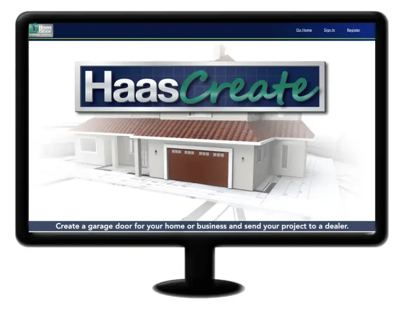 Custom Garage Door Design hass create 800x637 1 A computer monitor displays the HaasCreate website, featuring a house illustration and options to create and send an Illinois garage door installation project to a dealer.