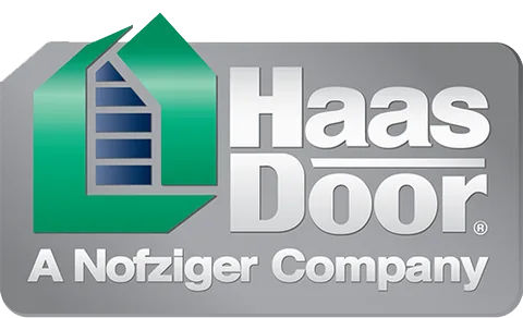 Custom Garage Door Design hass door logo Haas Door company logo with green and blue graphic, silver background, and the text "Haas Door A Nofziger Company" in bold letters—trusted by Wisconsin garage door installation experts.