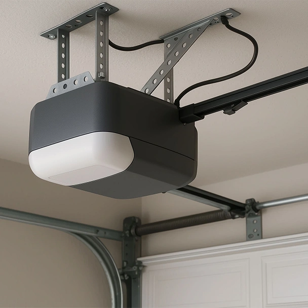 Services opener accessories img A close-up view of a ceiling-mounted garage door opener with metal supports and electrical wiring attached, showcasing the quality found in Wisconsin garage door service.