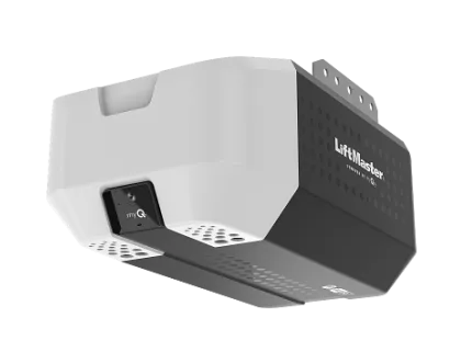 Garage Door Openers 2220L A LiftMaster garage door opener unit with a black and white exterior and the myQ logo on the front panel, perfect for reliable Wisconsin garage door repair.