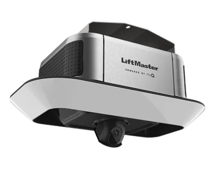 Garage Door Openers 4690L 1 A LiftMaster garage door opener with a built-in camera, labeled "Powered by myQ," shown from a bottom and side angle—perfect for your next Wisconsin garage door installation.