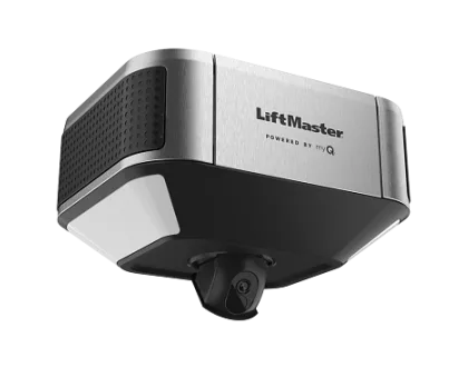 Garage Door Openers 6580L 1 A LiftMaster garage door opener with a metallic finish and built-in camera, labeled "LiftMaster Powered by myQ," is ideal for anyone seeking reliable Illinois garage door installation.